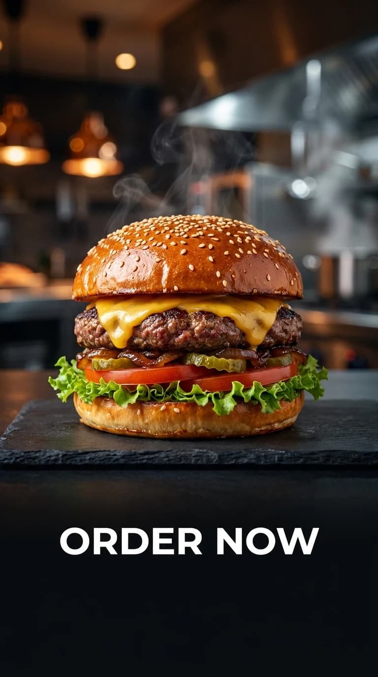 A vertical food delivery app ad creative with a styled burger and legible call-to-action text.