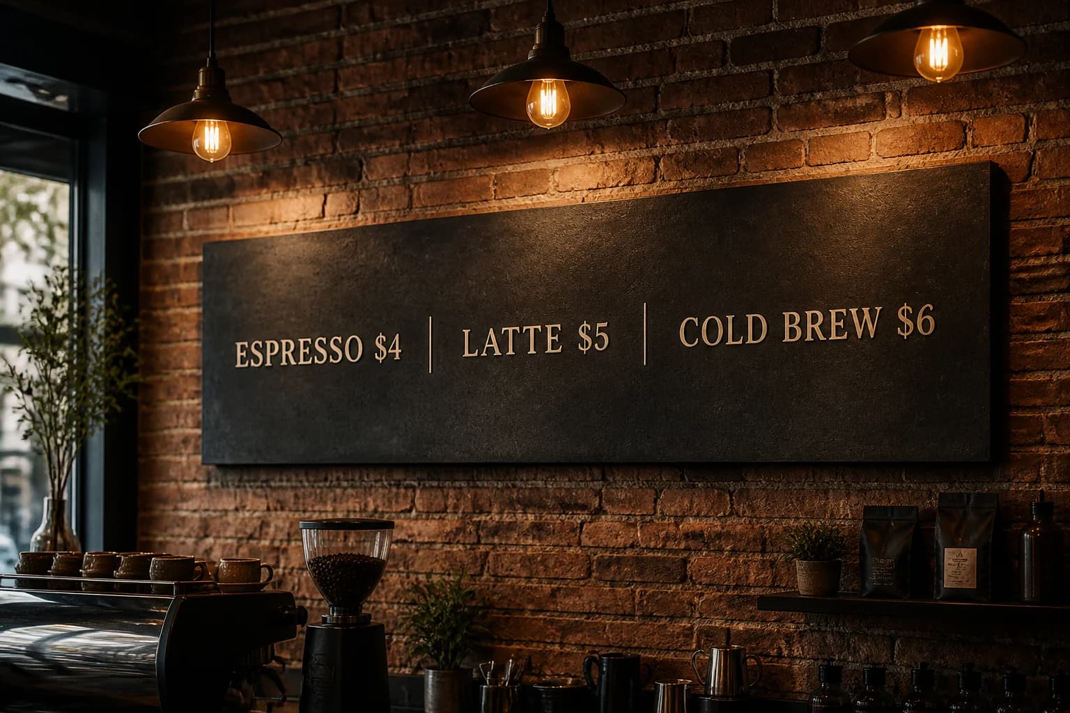 A premium coffee shop menu board with clearly readable typography inside the generated scene.