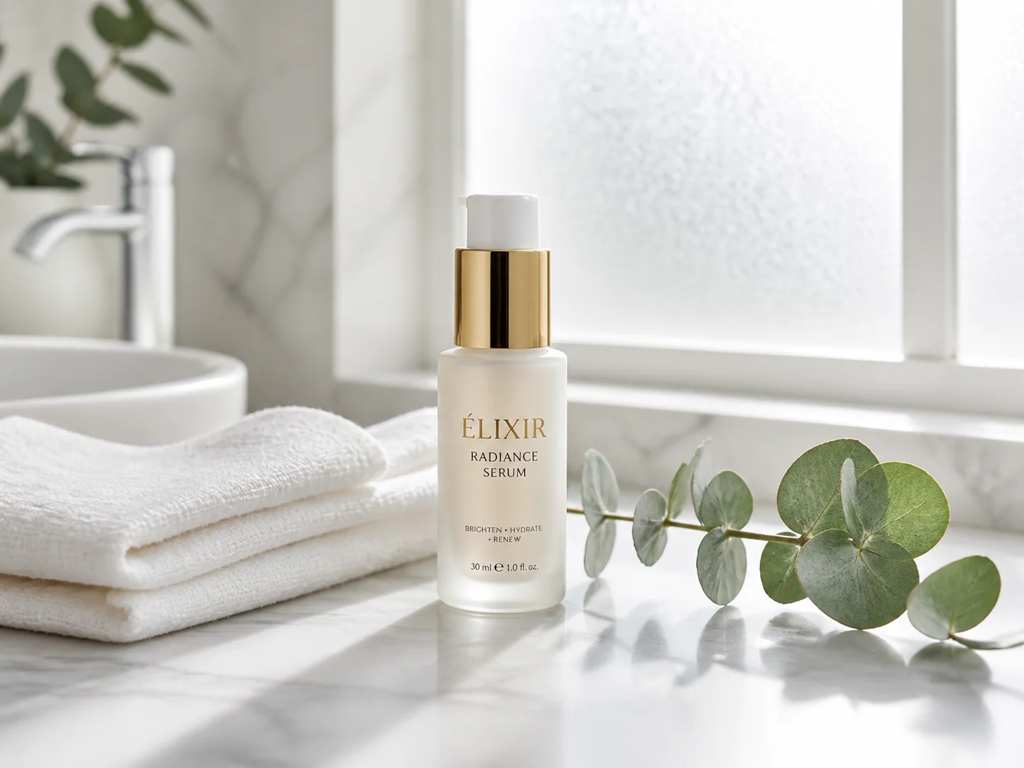 A skincare serum bottle placed naturally on a marble bathroom vanity in a lifestyle scene.