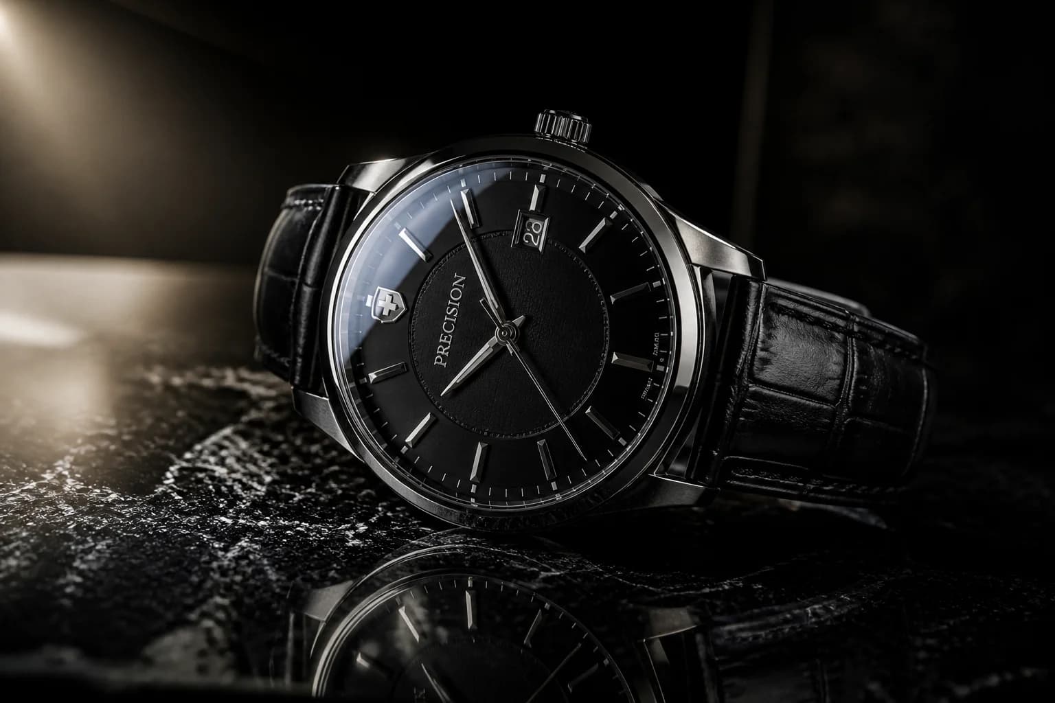 A luxury watch hero shot with precise lighting and visible engraved text demonstrating prompt accuracy.