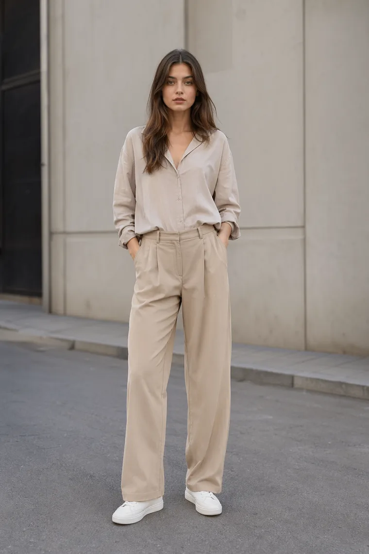 A centered fashion character in a simple scene with limited environmental detail.