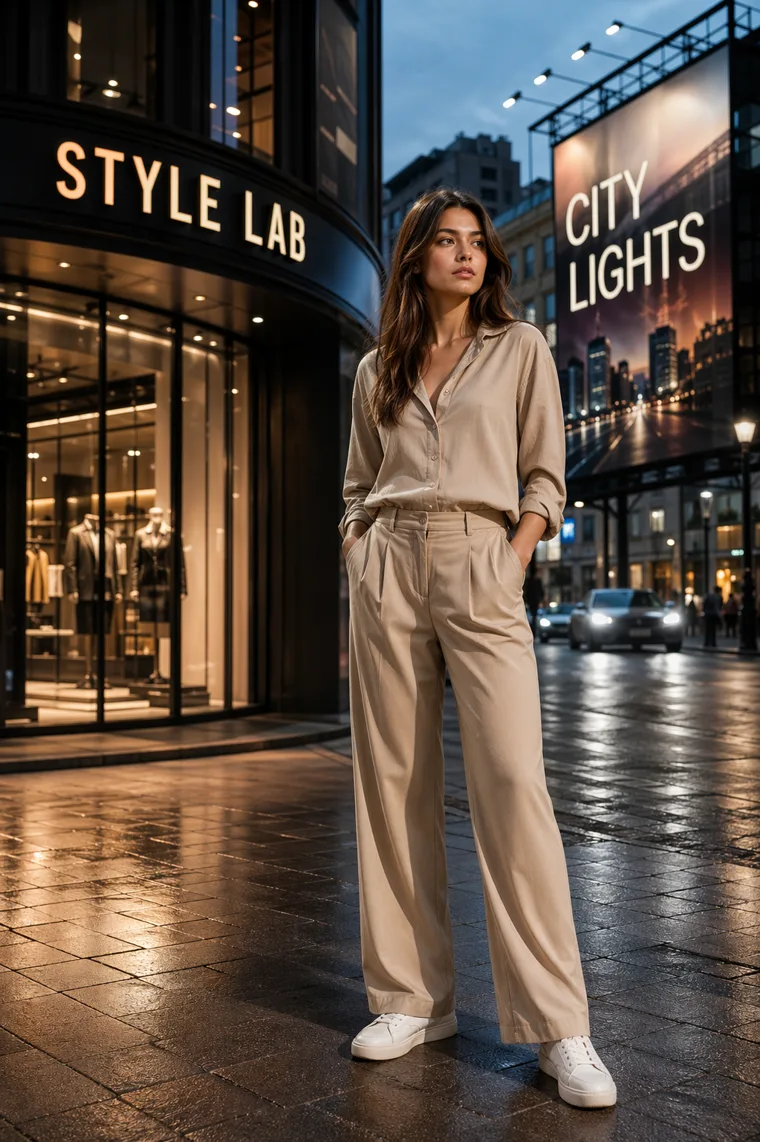 An off-center fashion character in a premium city scene with readable signage and professional lighting.