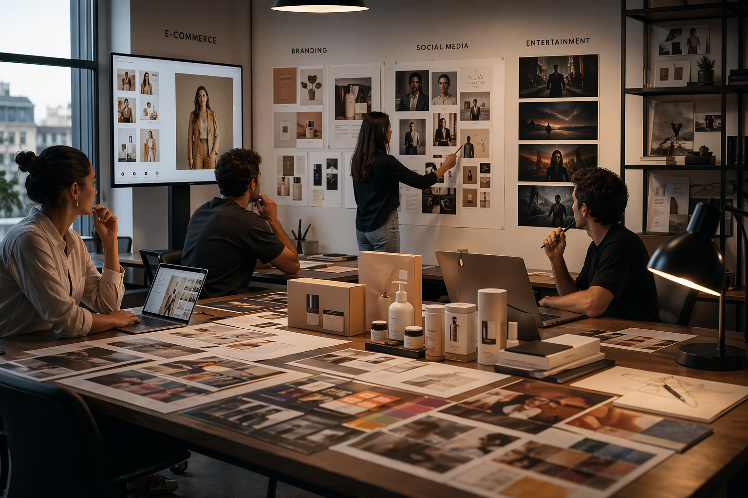 A refined creative studio showing outputs for branding, social, ecommerce, and campaign work.