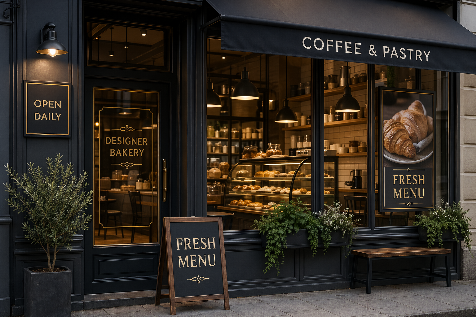 A premium storefront scene with readable signage and in-image text.