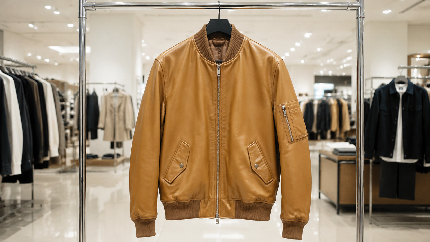 Tan jacket source photo from a store rack before AI background removal