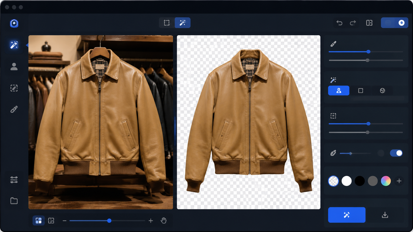 Background remover workspace isolating a tan jacket from its original store environment