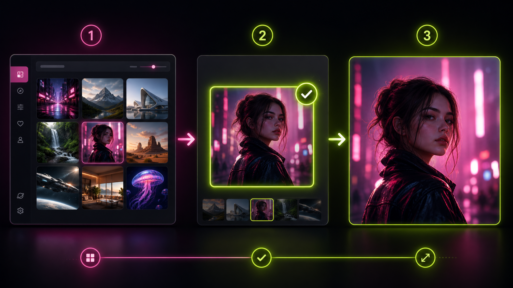 Tutorial showing how to choose a generated image, select it, and upscale the final result