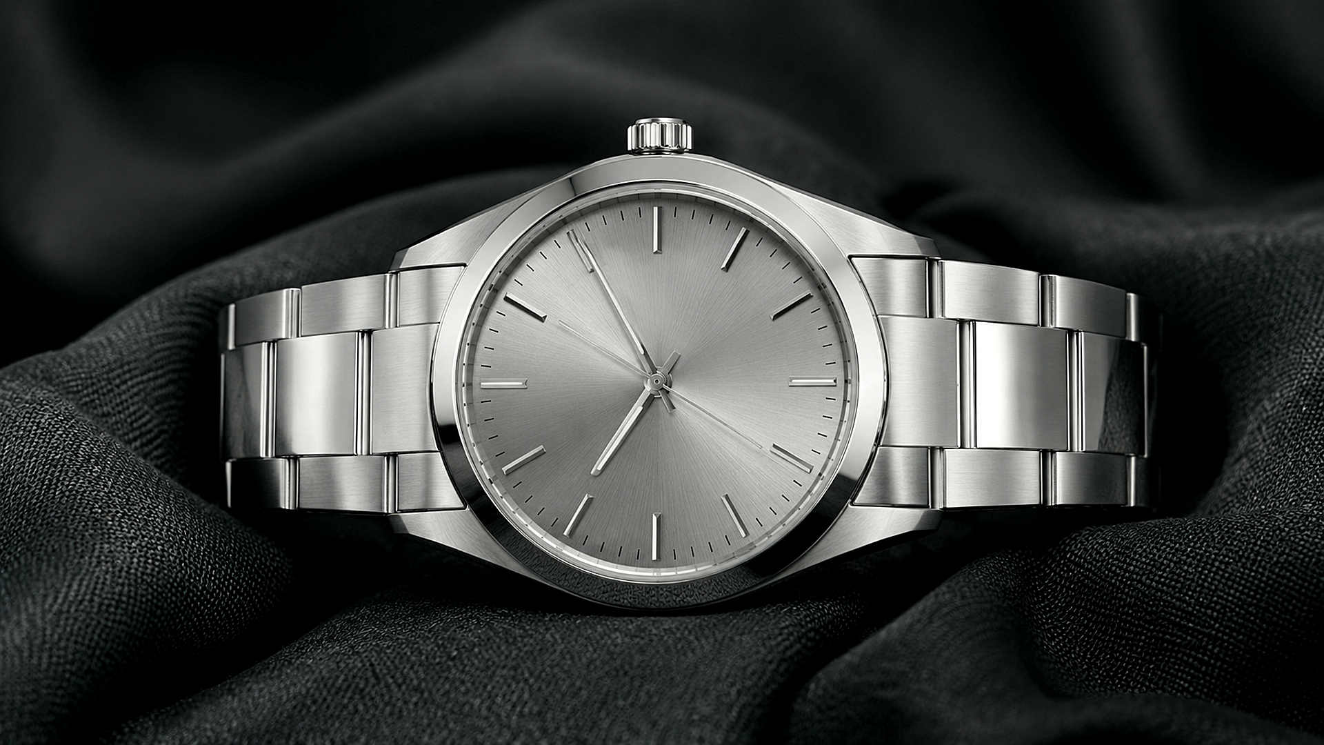 Upscaled silver wristwatch product photo with sharper brushed metal texture and cleaner ecommerce detail