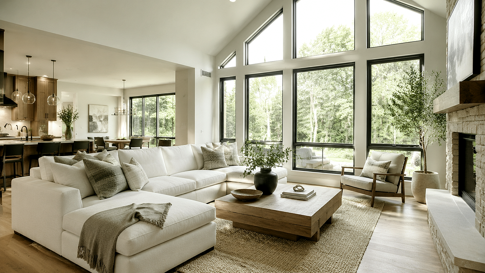 Upscaled modern living room real estate photo with clearer furniture, windows, and interior detail