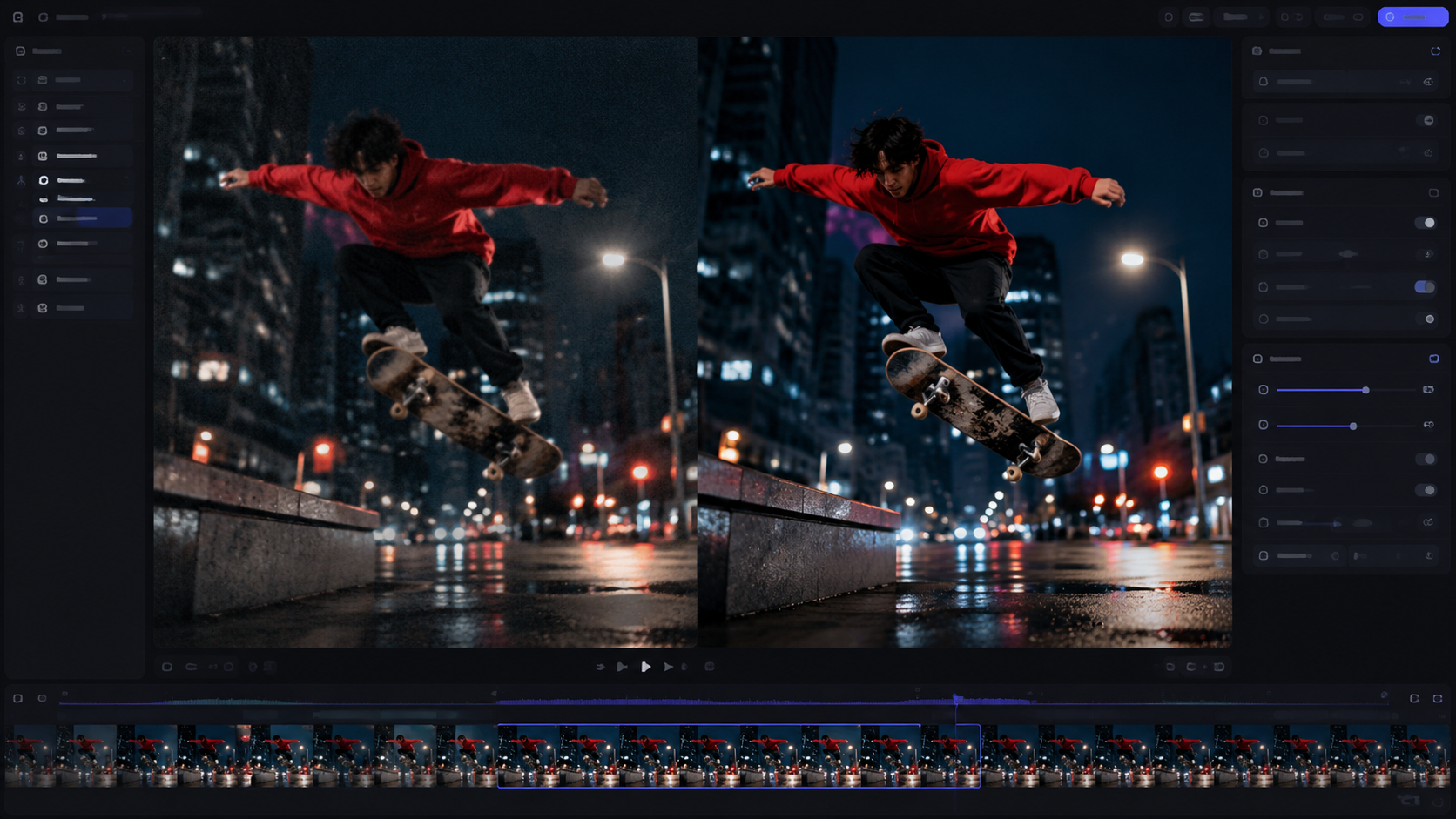 AI video upscaler workspace used to review source footage and the enhanced result